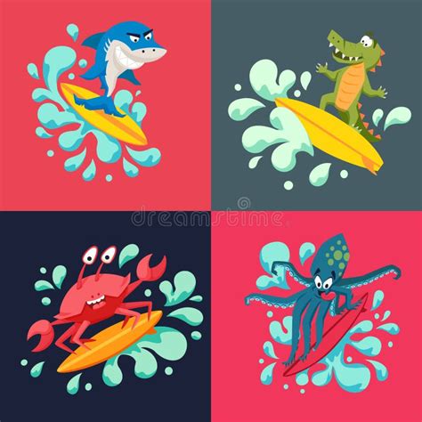 Funny Animals Surfing On The Sea Stock Vector Illustration Of Season