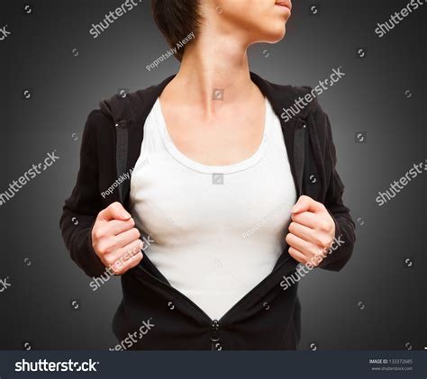 Woman Pulling Open Shirt Showing White T Shirt Stock Photo 133372685