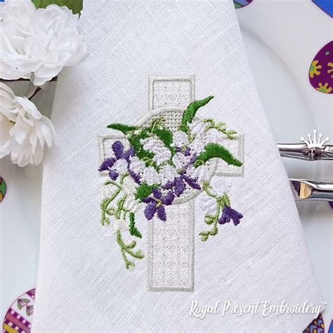 Machine Embroidery Design Lace Easter Cross With Lilies Of The Valley