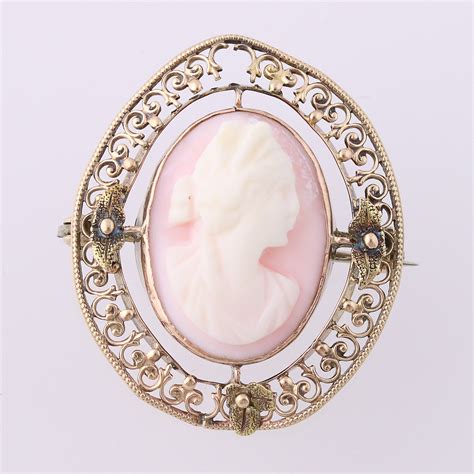 Edwardian Carved Pink Shell Cameo Brooch 10k Gold 1900s 1910s As Is