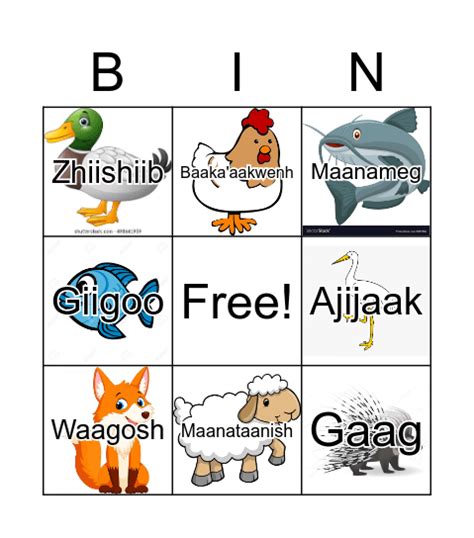 Ojibwe Bingo Animals Bingo Card