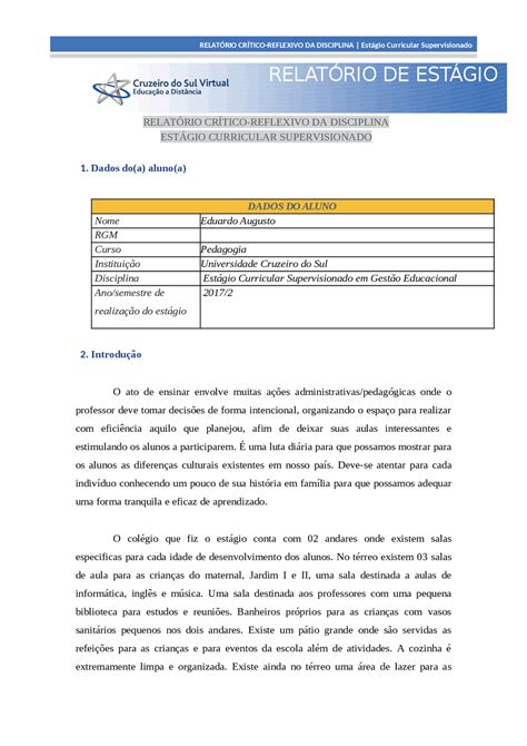 Relatório De Estágio Educação Infantil Creche