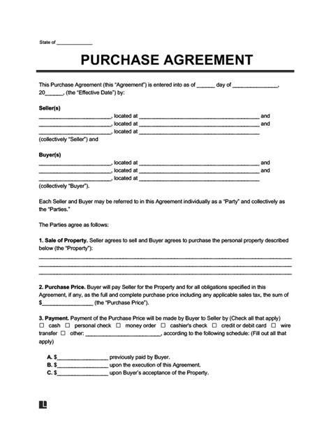 Free Purchase Agreement Template Printable Pdf And Word