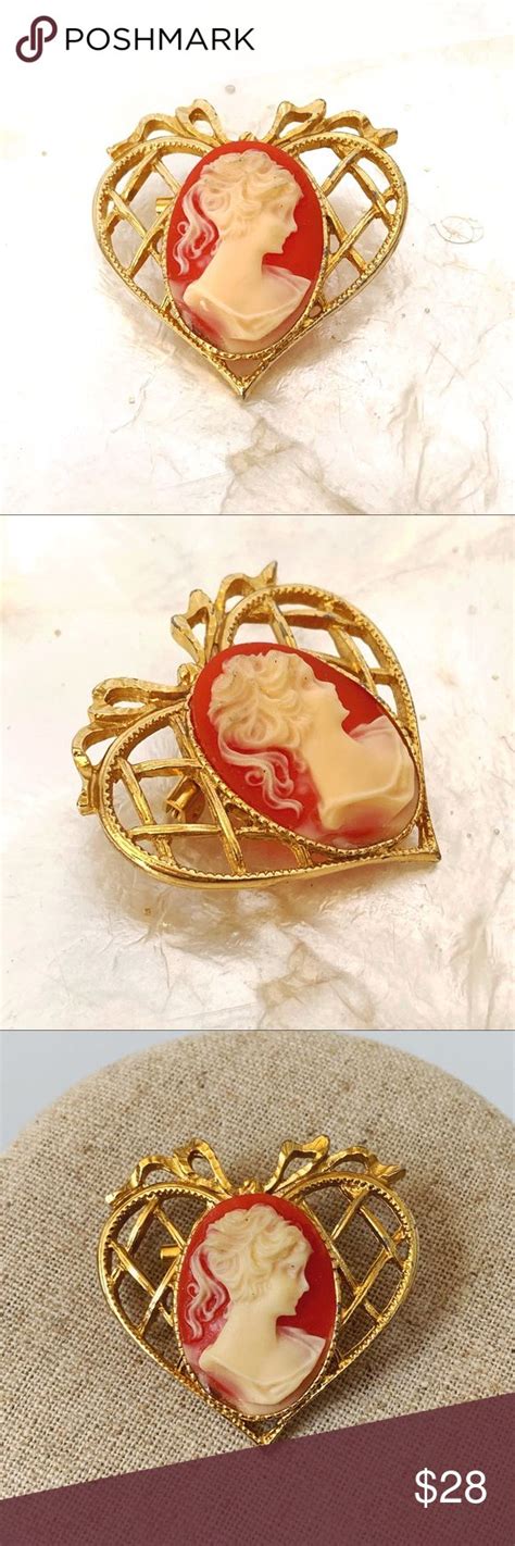 Gold Tone White Cameo Heart Shape Brooch Antique Vintage Brooch