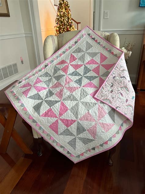 Baby Girl Pinwheel Quilt With Prairie Points And Unicorns Handmade