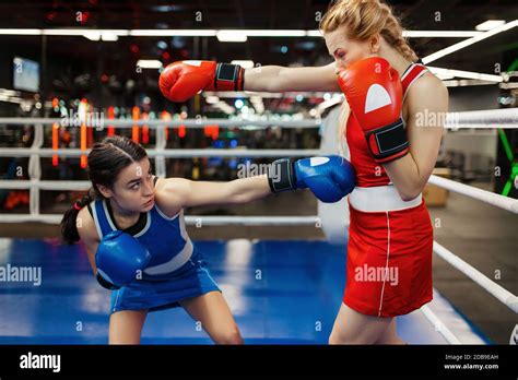 Women In Red And Blue Gloves Boxing On The Ring Box Training Female Boxers In Gym Kickboxing