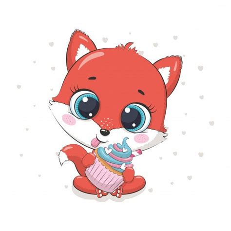 Cute Baby Fox With Cupcake Illustration For Baby Shower Greeting Card