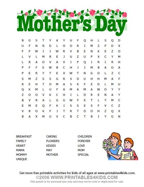 Word Search Printable Worksheets Mothers Day Learning How To Read