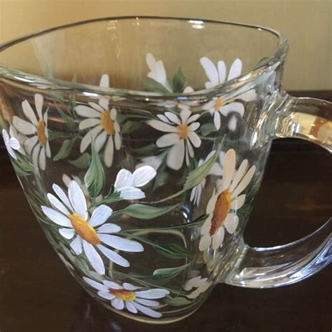 Hand Painted Glass Mug Daisies Etsy