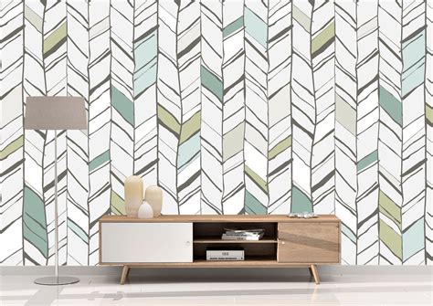 Removable Peel And Stick Wallpaper Green And Gray Etsy Herringbone