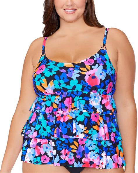 Island Escape Swimwear Plus Size Floral Print Tiered Underwire Tankini Top Created For Macy S