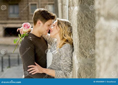 Beautiful Couple In Love Kissing On Street Alley Celebrating Valentines