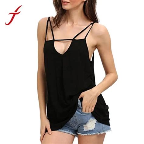 FEITONG Black Camis Summer Top Women Loose Casual Deep V Neck Tee Shirt Backless Sexy Cami Top