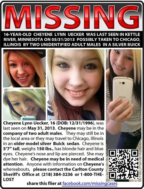 Missing 16 Year Old Cheyene Lynn Uecker Was Last Seen In Kettle River Minnesota On 05312013