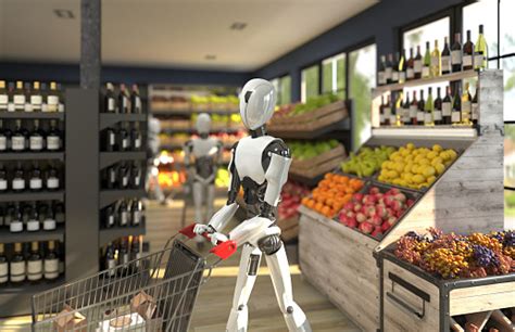 A Humanoid Robot With A Shopping Trolley Is Shopping At A Grocery Store