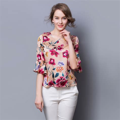 100 silk satin shirt women summer shirt mulberry silk fabric printed floral pattern china silk