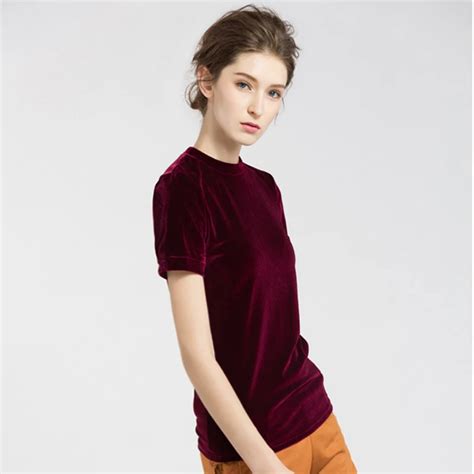 New Summer Velvet T Shirt Tees Women Short Sleeve Green Wine Red Velvet Casual Tops O Neck T