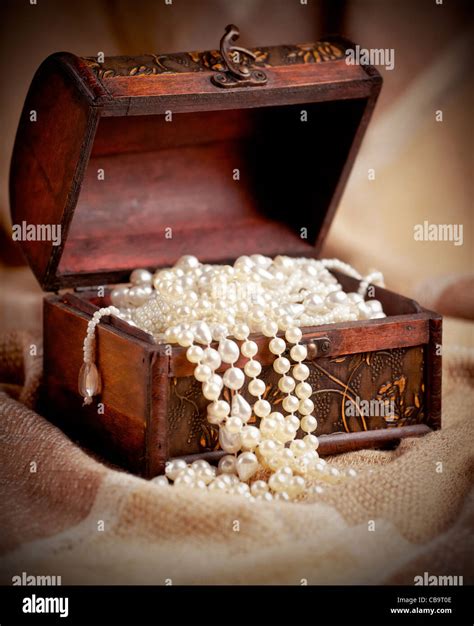 Still Life With Wooden Treasure Chest With Pearl Necklaces Stock Photo