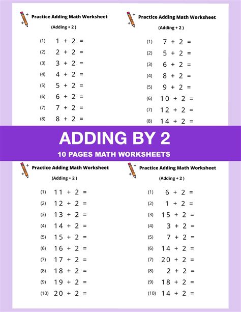 10 Printable Addition Math Worksheets Adding By 2 Numbers Etsy