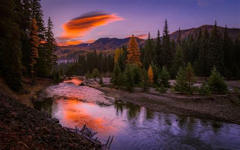 Download Wallpapers Mountain River Sunset Forest Mountain Landscape Usa For Desktop Free