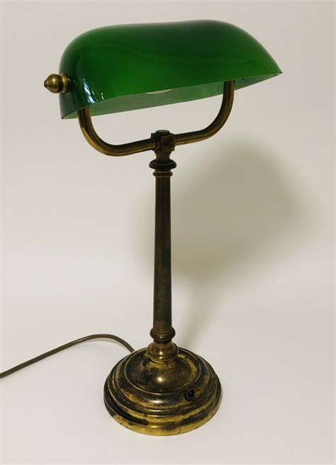 Antique Brass Bankers Desk Lamp With Green Glass Shade 646262