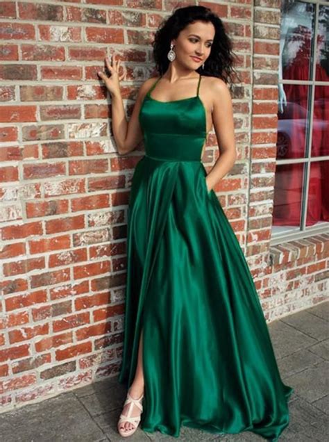 A Line Spaghetti Straps Green Elastic Satin Prom Dress With Split Pocket Emerald Green Prom