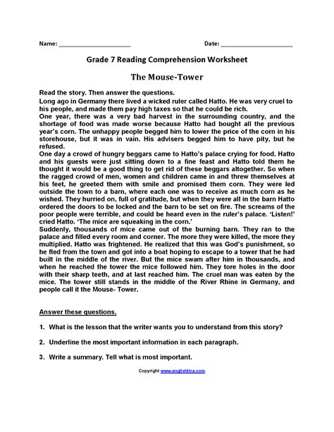 Free Printable 7th Grade Reading Worksheets With Answer Key Printable