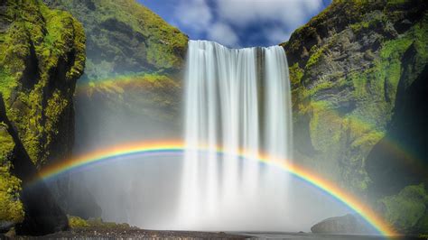 Nature Waterfall Rainbows Moss Long Exposure Iceland Clouds Rock Water Stones
