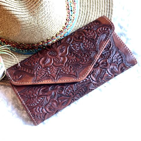 Tooled Leather Wallethandcrafted Walletleather Woman Walletflowers