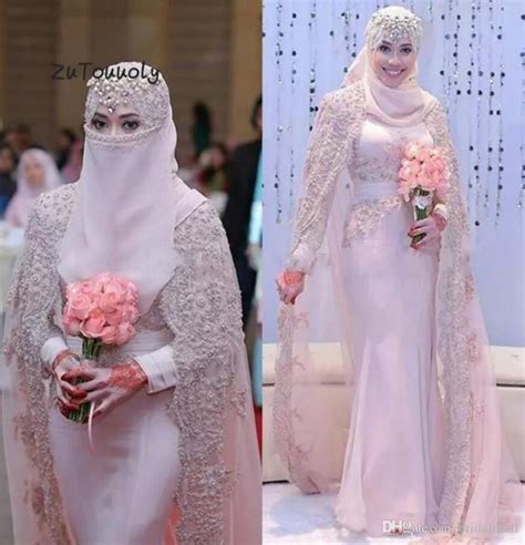 Dusty Pink Muslim Wedding Dress Islam Outfit Mermaid Turkish Long
