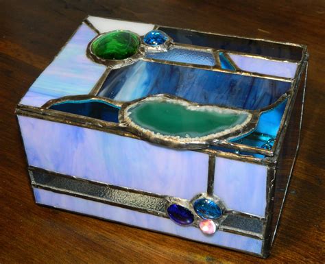 Iridescent Stained Glass Box With Agate Stone Large With Etsy Glass Boxes Trinket Boxes