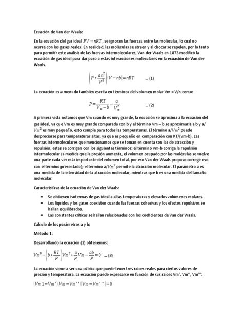 Ecuación De Van Der Waals Pdf Gases Termodinámica