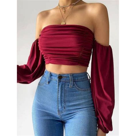 Chest Wrapped Open Shoulder Long Sleeve Shirt Only 2306