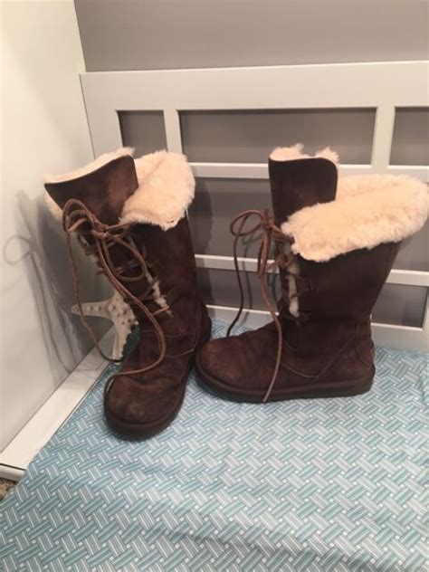 Ugg Womens Brown Boots Size 7 Sheepskin Lace Up Riding Ivory Sherpa Ebay