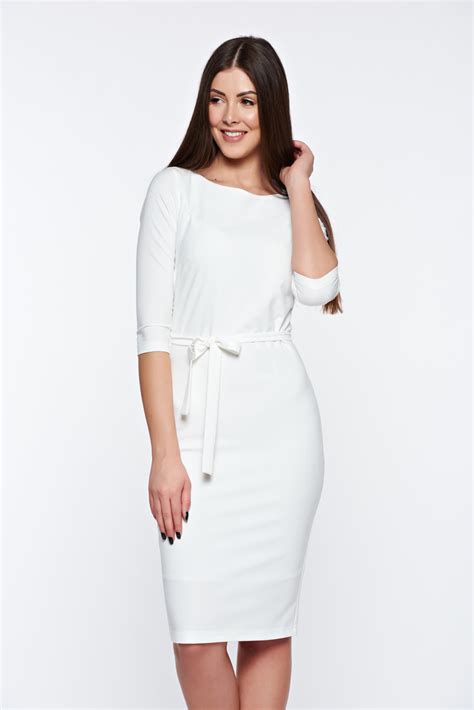 Prettygirl Casual Elegant White Pencil Dress Accessorized With Tied
