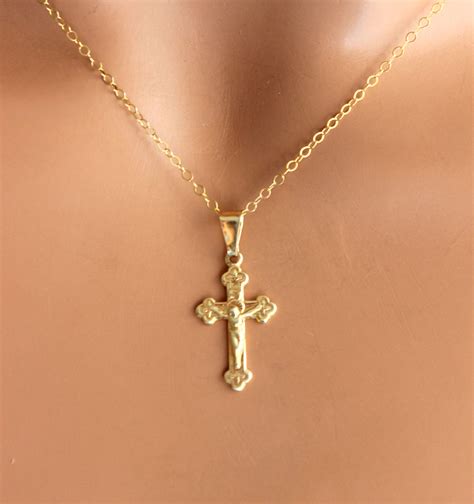 Gold Crucifix Cross Necklace Women Girls Gold Filled Charm Etsy