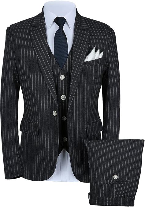 Mens Pinstripe Suit 3 Piece Slim Fit Casual Dress Suits Blazervest