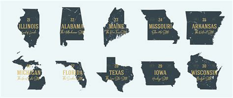 Set 3 Of 5 Highly Detailed Vector Silhouettes Of Usa State Maps With