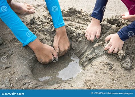 Close Up Of Children Hands Playing In Sand On The Beach Dig A Hole