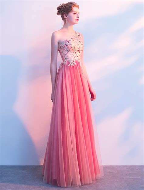 Fashion And Elegant Pink Tulle One Shoulder Prom Party Long Dress Florashe
