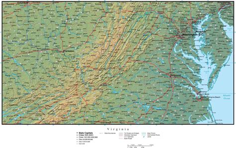 Virginia State Map Plus Terrain With Cities And Roads