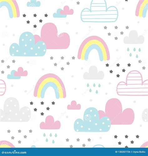 Cute Hand Drawn Clouds Seamless Pattern Vector Illustration Stock