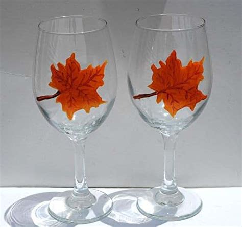2 Orange Maple Leaf Hand Painted Wine Glasses Set Handmade