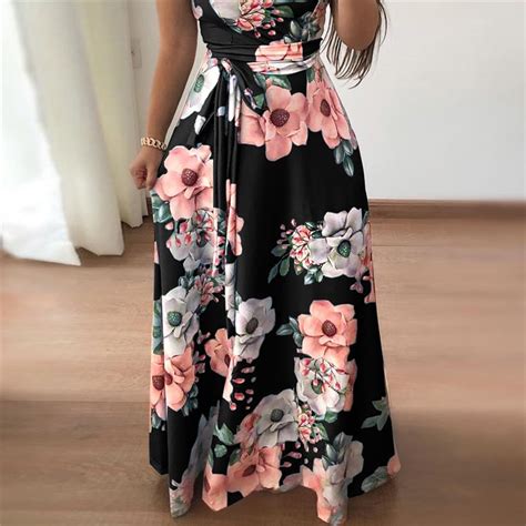 Women Summer Dress 2019 Casual Short Sleeve Long Dress Boho Floral