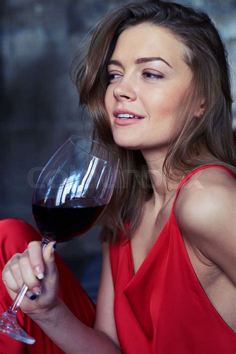 Suggestive Girl With A Glass Of Red Wine Stock Image Colourbox
