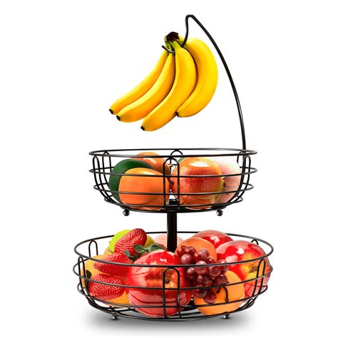 fuleadture 2 tiers fruit basket stand with banana tree metal fruit bowl for kitchen countertop