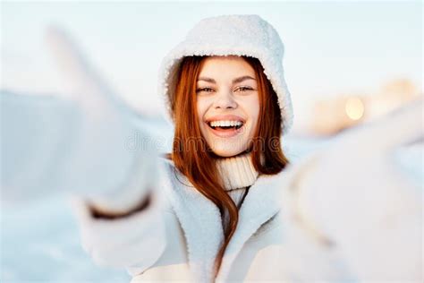 Pretty Woman Winter Clothes Walk Snow Cold Vacation Nature Stock Photo