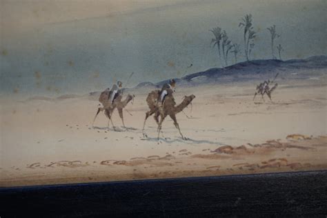 Antique Camel And Desert Landscape Watercolor Painting Original Signed