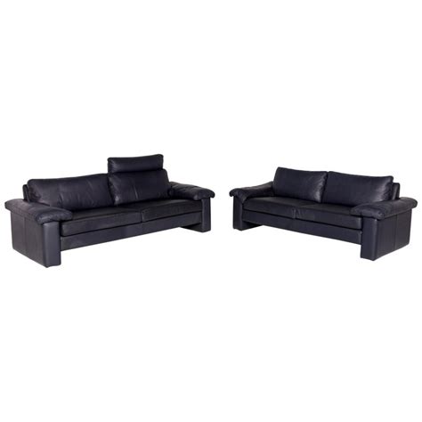 Dark Blue Leather Sofa Set Baci Living Room