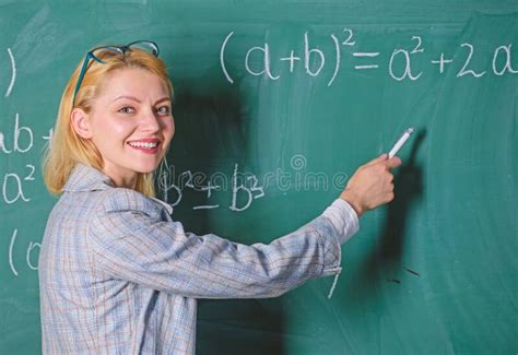 I Am Happy Teacher On School Lesson At Blackboard Woman In Classroom